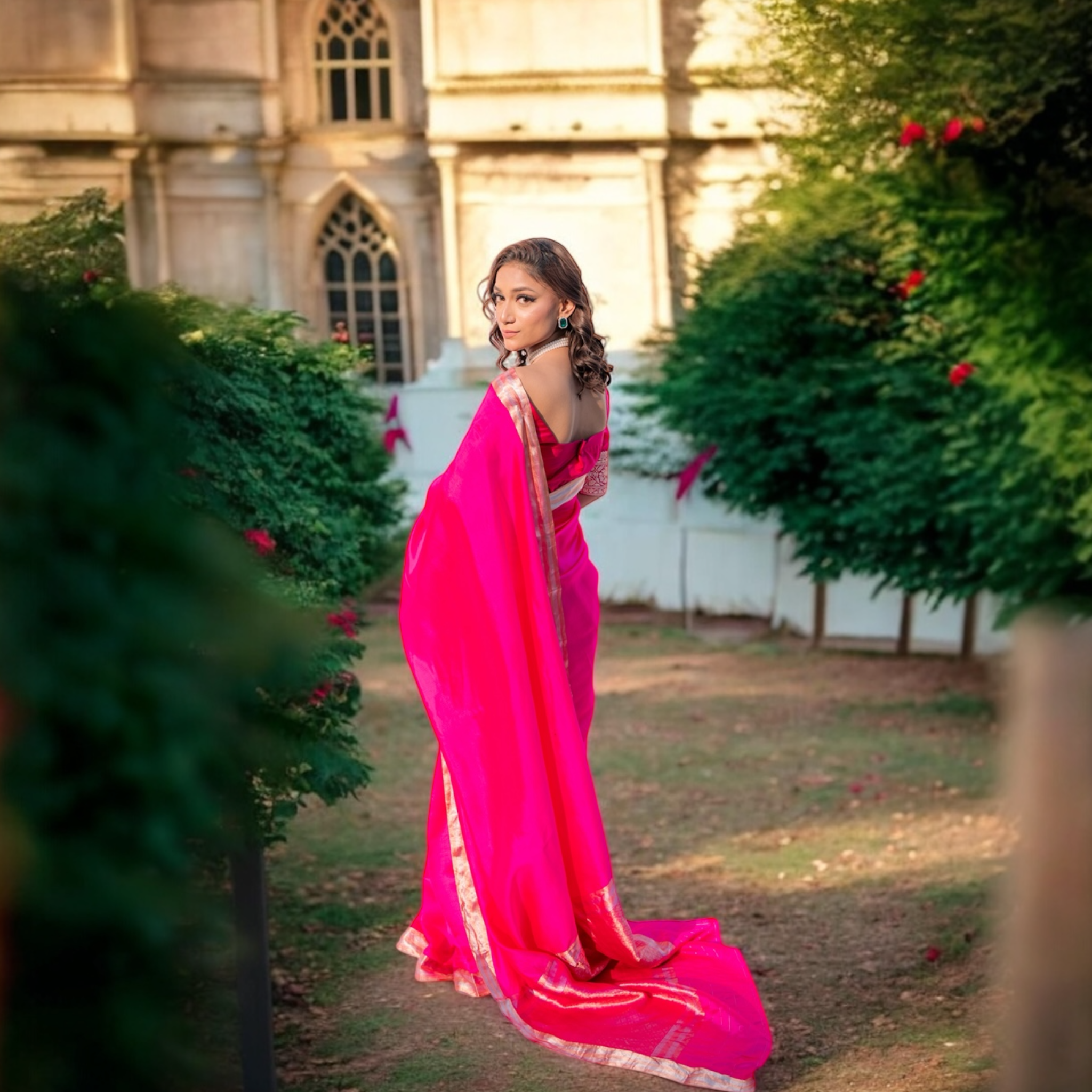 Woman in a royal pink saree of Lunaraé London standing in a garden with a building in the background.