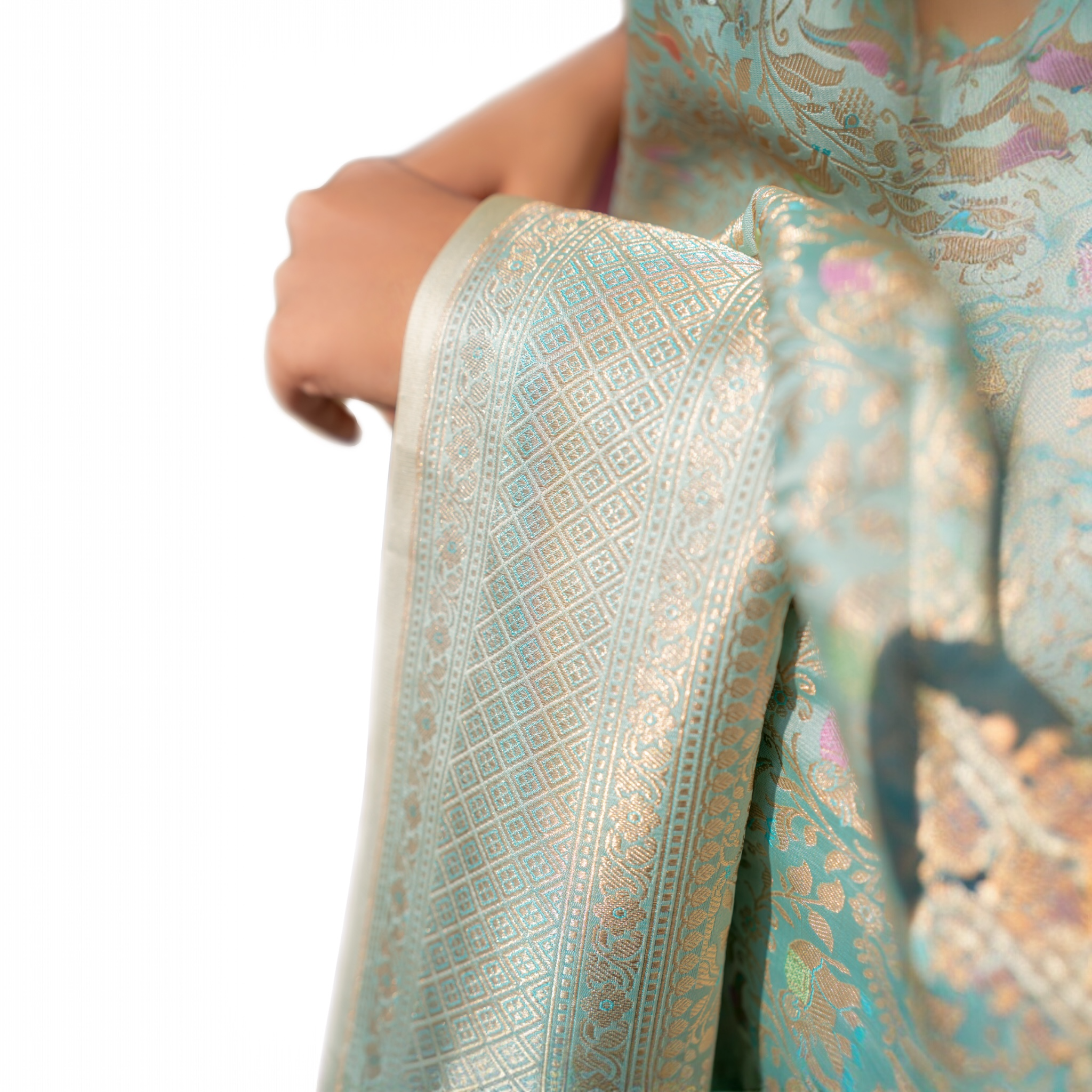 Close-up of blue handwoven banarasi saree - Lunarae London
