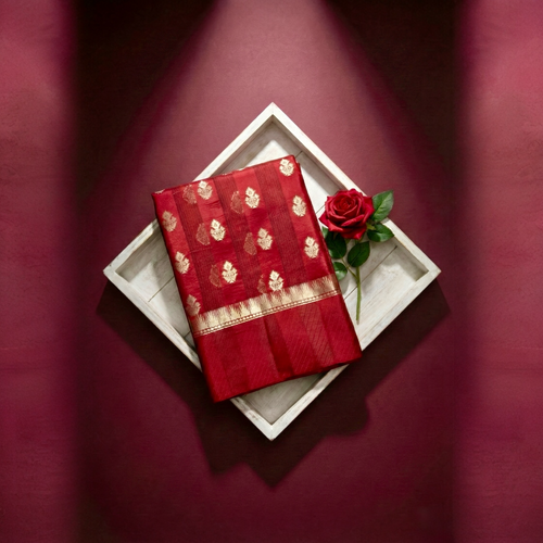 Red Puna silk and Kora silk Banarasi saree from Sacred Hues collection