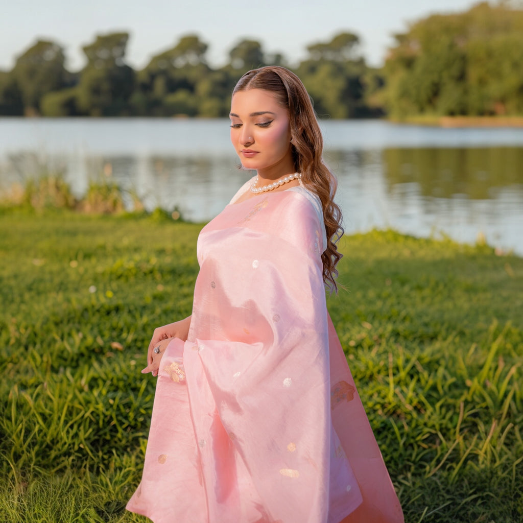 A full-length side-view shot of a model wearing the Sacred Hues 1.2 Baby Pink Banarasi Saree in soft Puna silk, standing in long green grass beside a tranquil lake at sunset, showcasing the saree's elegant length and shimmer