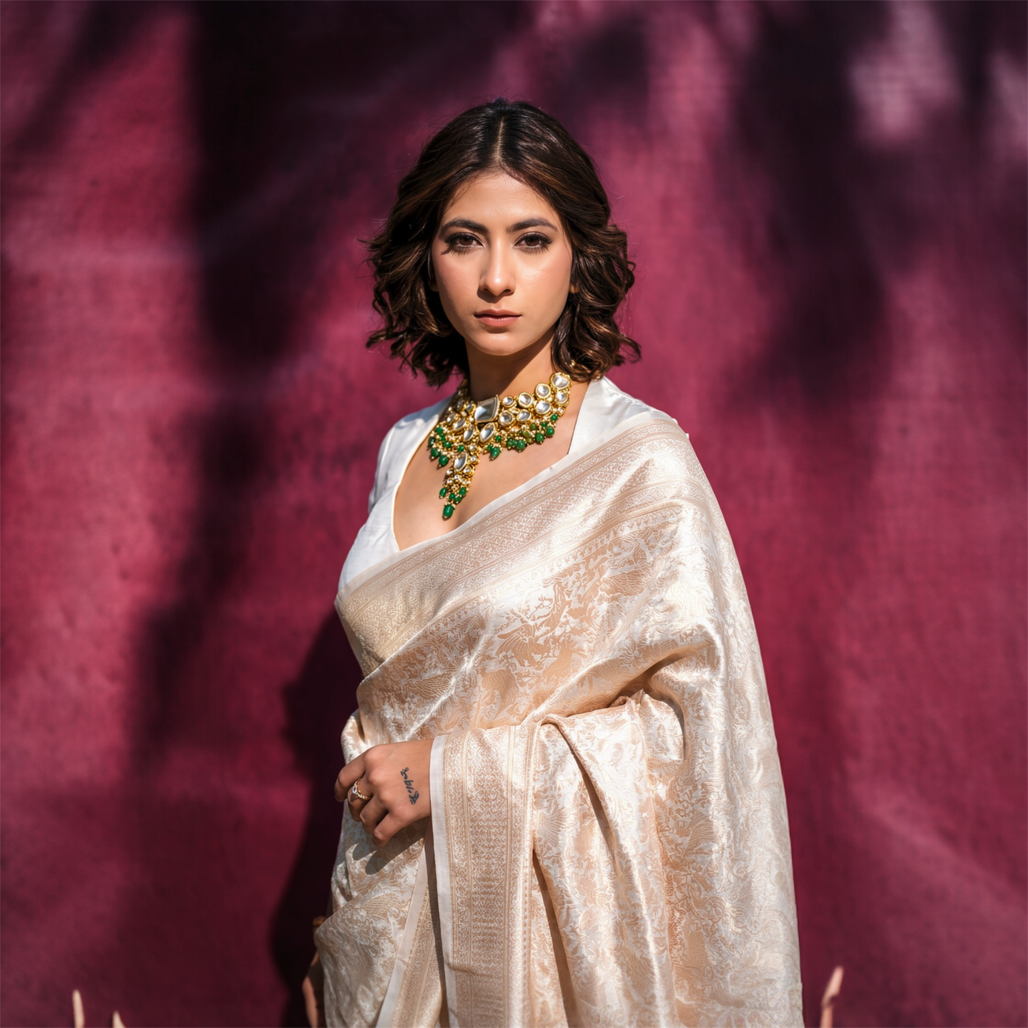 off-white handwoven Banarasi Saree - Lunarae London