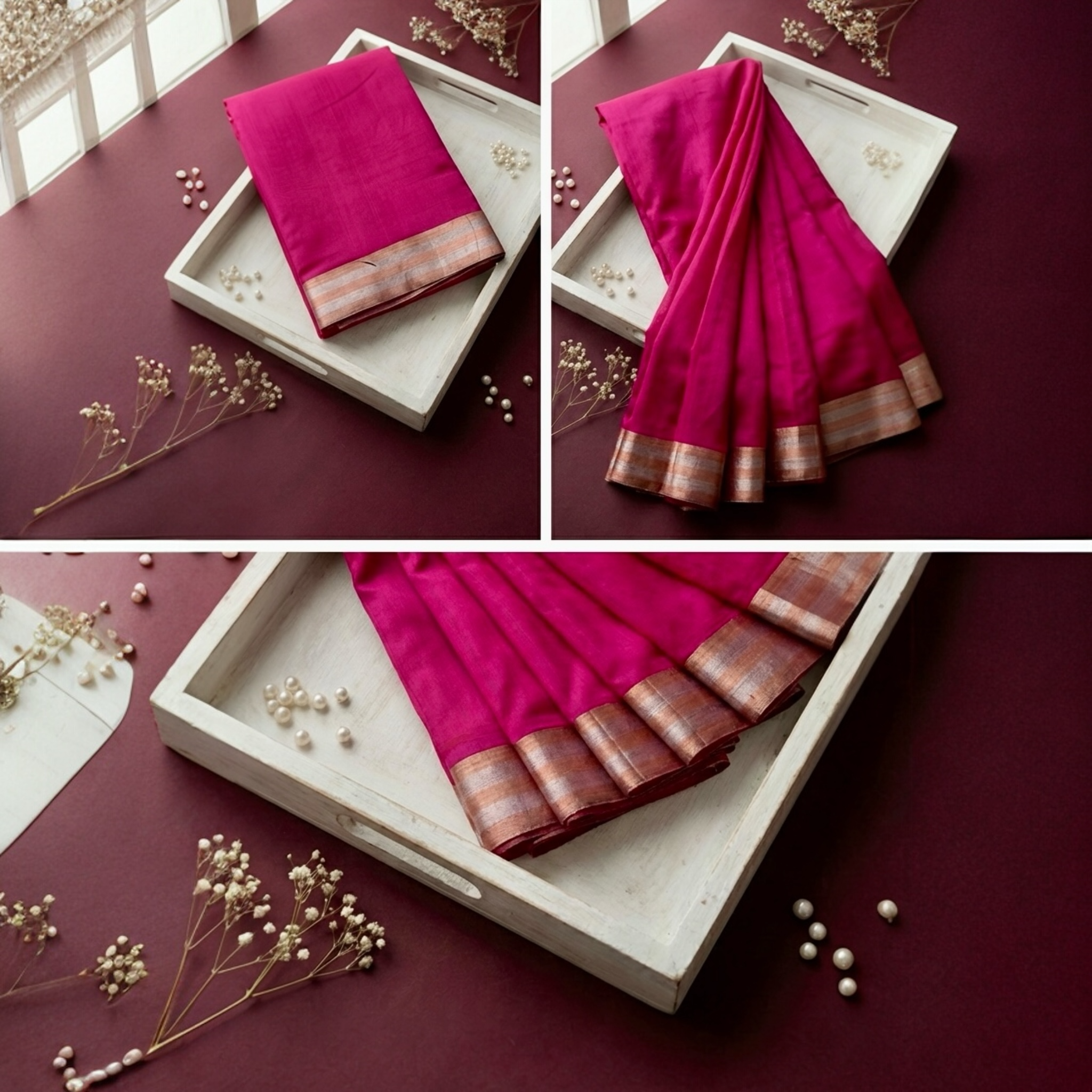 Collage of a royal pink saree with gold border on a wooden tray against a maroon background.