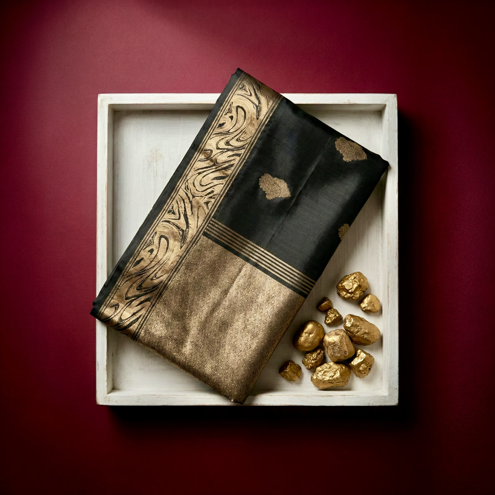 Black Pure Katan silk Banarasi saree with golden floral motifs from Sacred Ties collection
