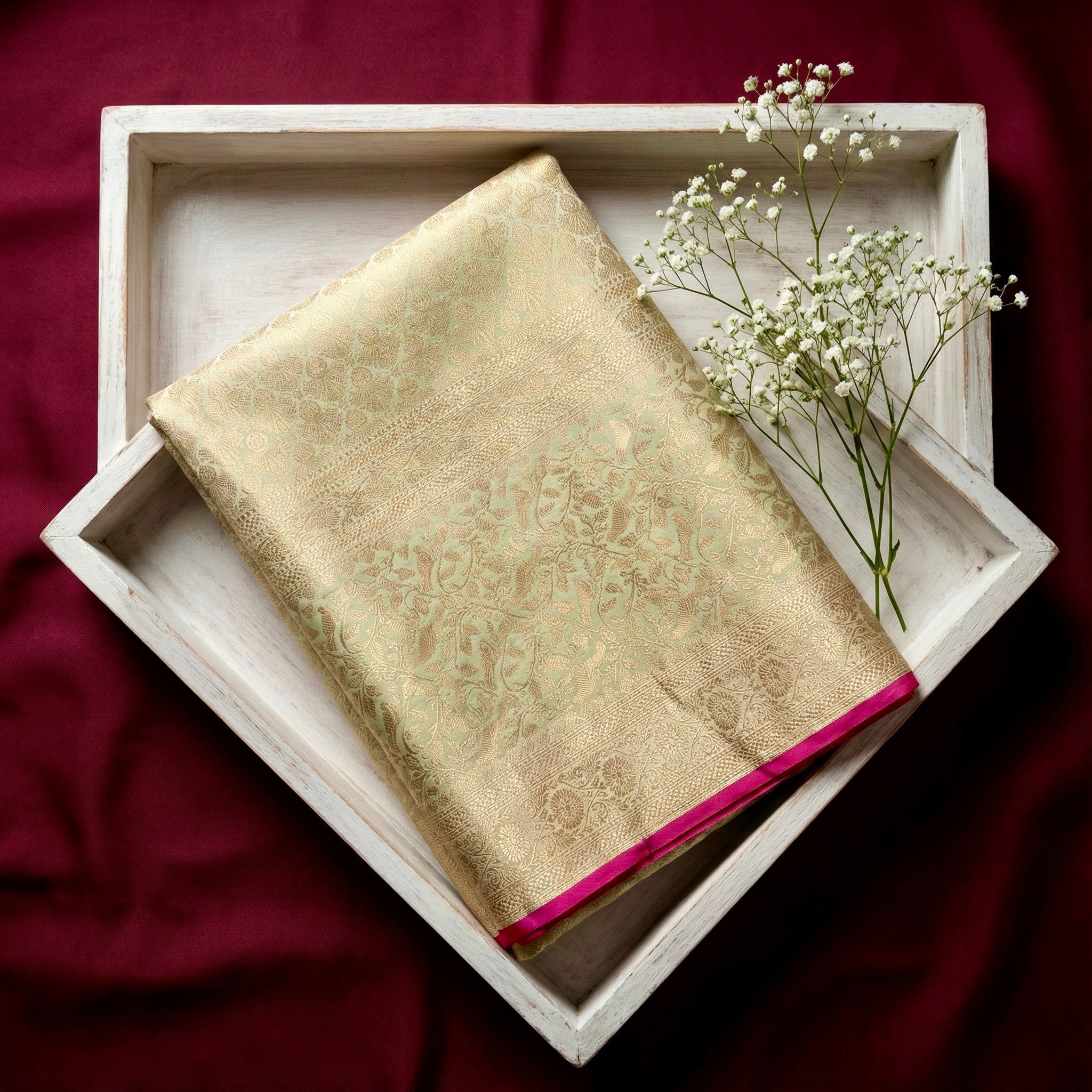 Pistachio green Katan silk Banarasi saree with Shikargah motif from Ivory Whisper collection