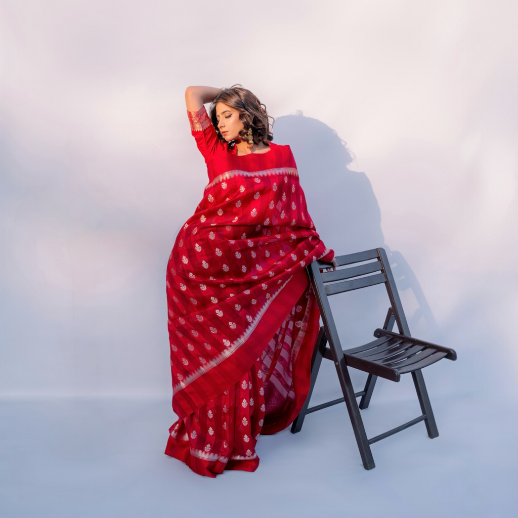 model is wearing Red shikargah banarasi saree