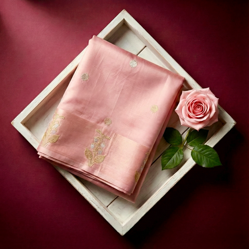 Baby pink Puna silk Banarasi saree with sona rupa buti motifs
