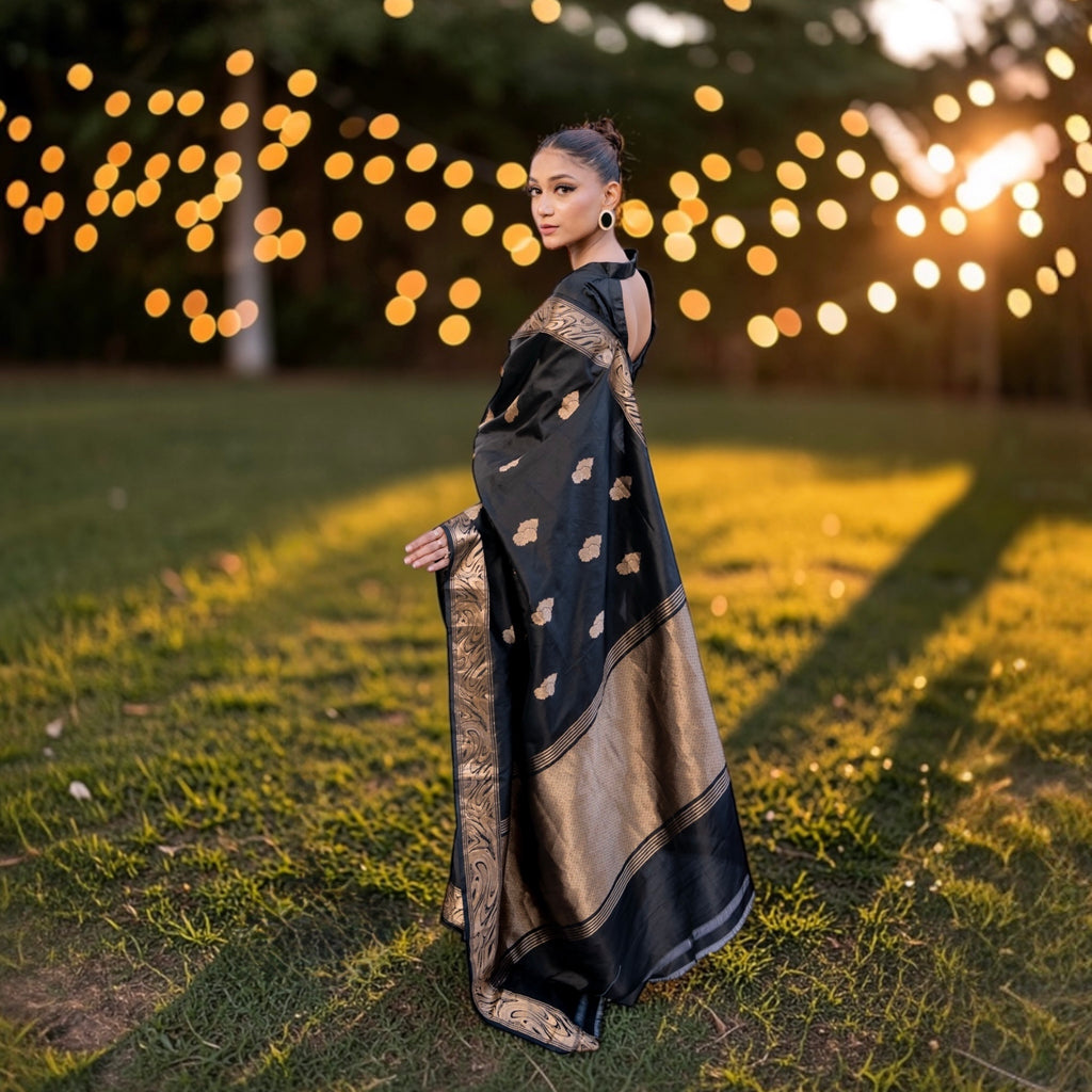 women in a black handloom banarasi saree by Lunaraé London 