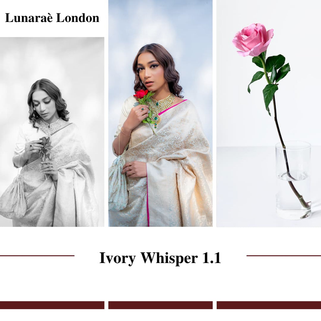 Lunarae London advertisement with a woman in a white saree holding a red flower, surrounded by images of flowers and the brand name.