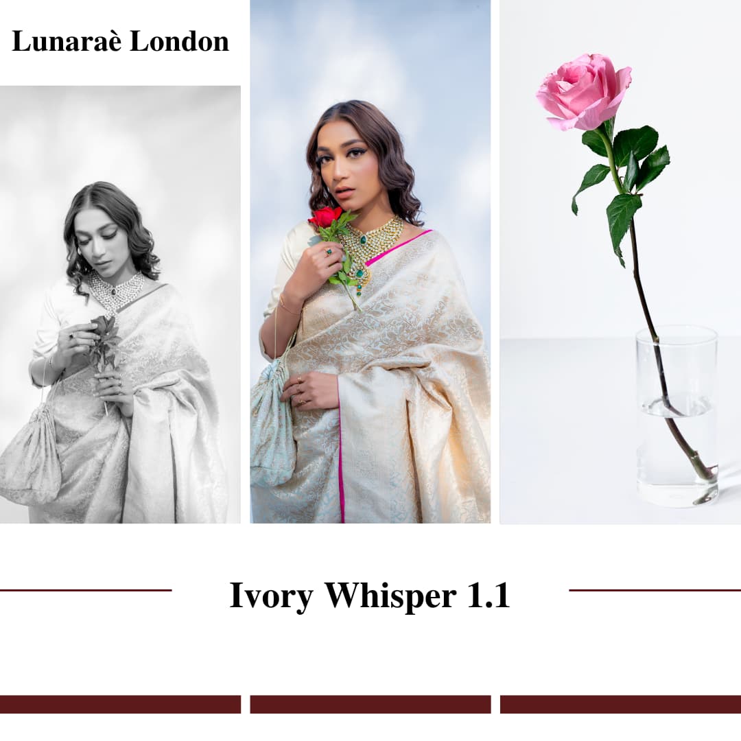 Lunarae London advertisement with a woman in a white saree holding a red flower, surrounded by images of flowers and the brand name.