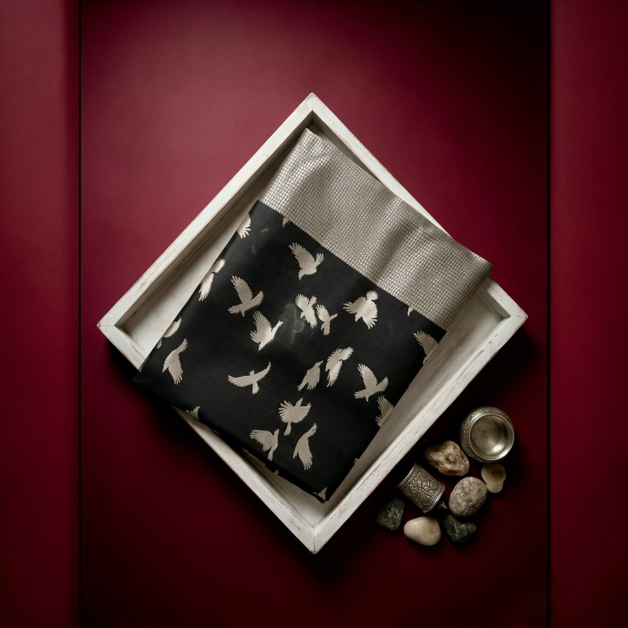 Black Katan silk Banarasi saree with bird motifs from Sacred Hues collection