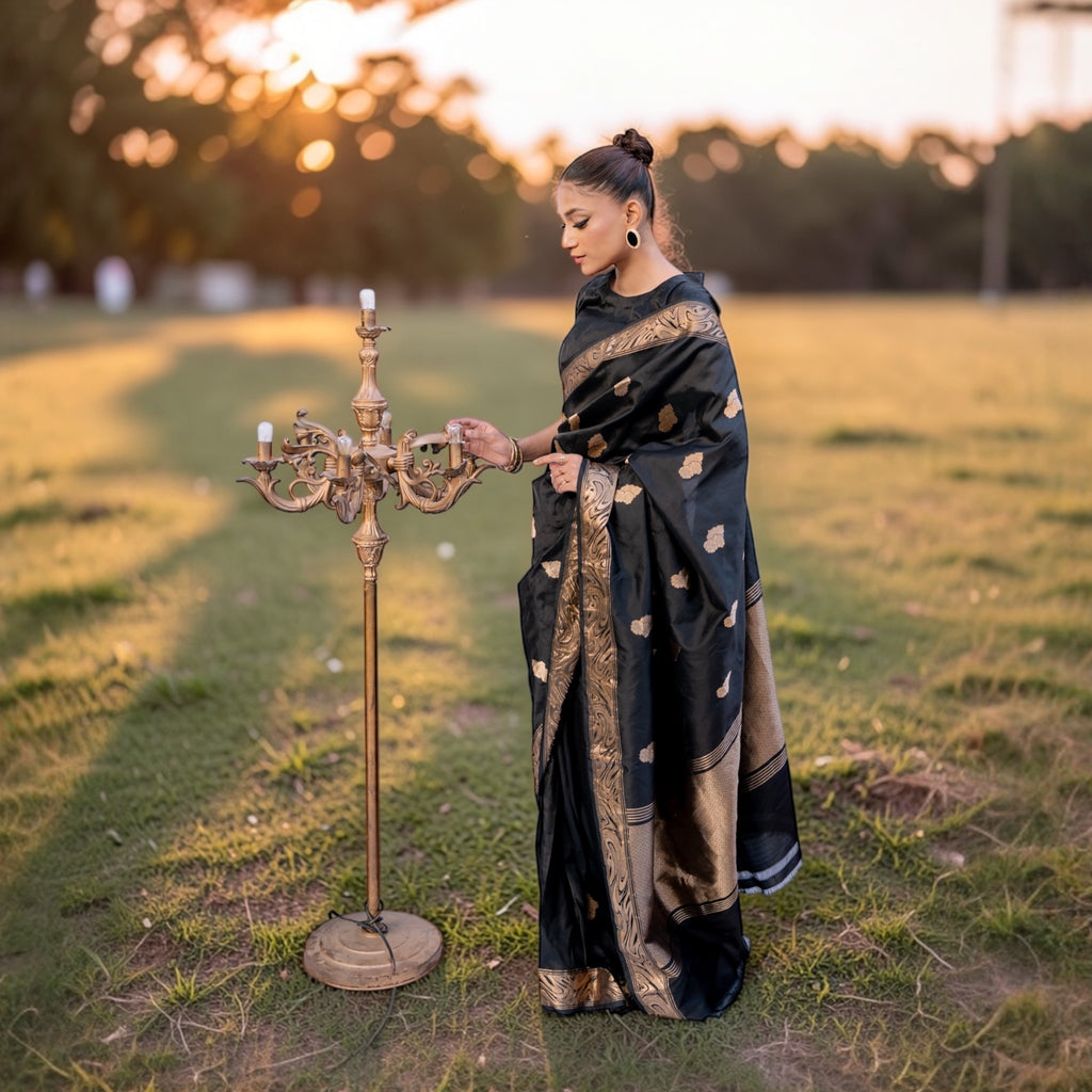 Woman in a black pure katan saree with golden floral motif  holding a candle in a field at sunset.