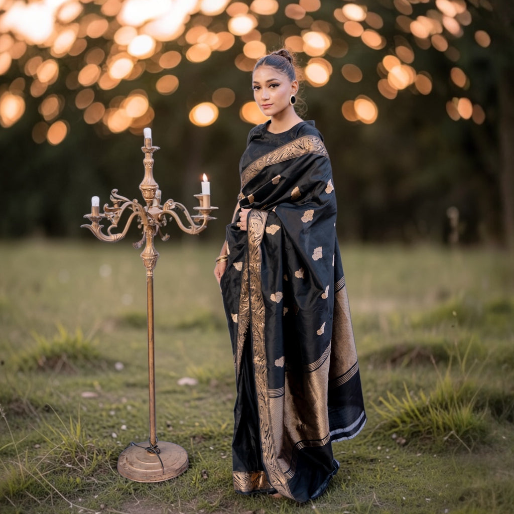 Model wearing Black Pure Katan silk Banarasi saree with golden floral motifs from Sacred Ties collection