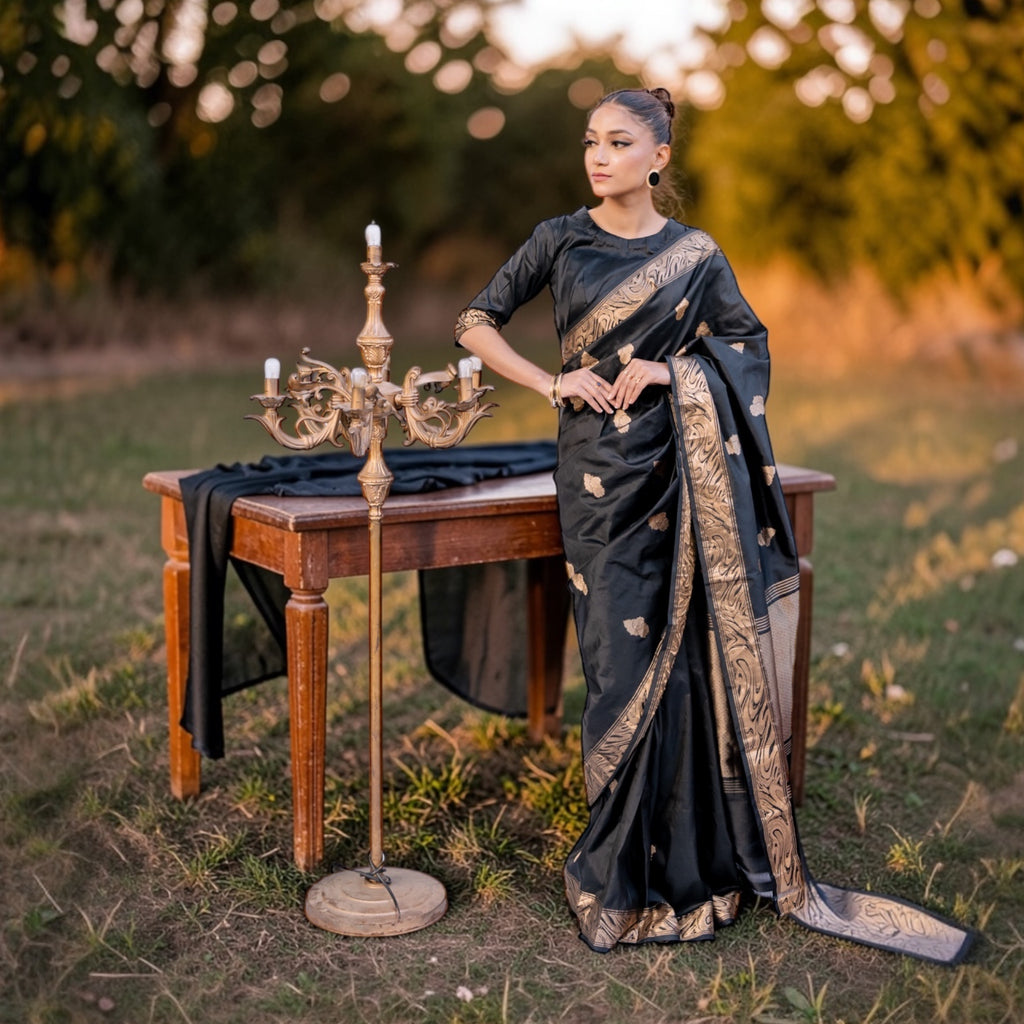 Women in a Black Pure Katan silk Banarasi saree with golden floral motifs from Sacred Ties collection standing next to a wooden table outdoors.