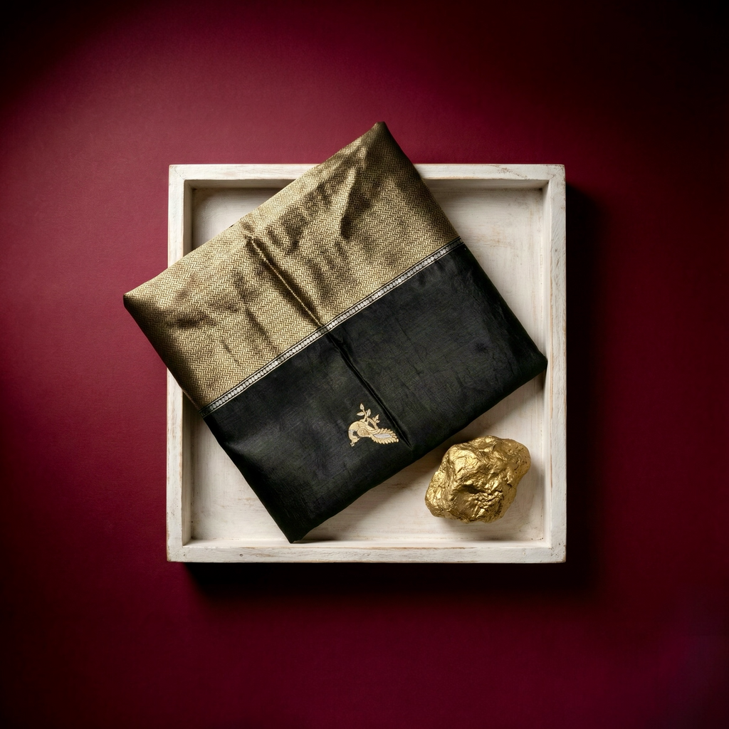 Black Puna silk Banarasi saree with peacock zari motifs from Sacred Ties collection