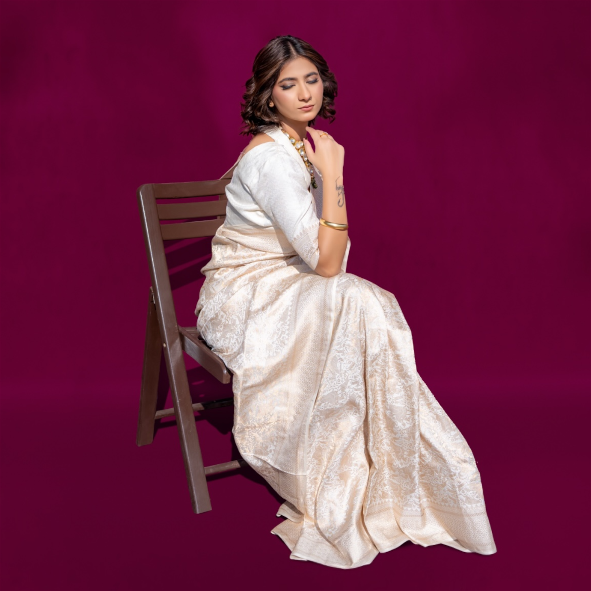 off-white handwoven Banarasi Saree - Lunarae London