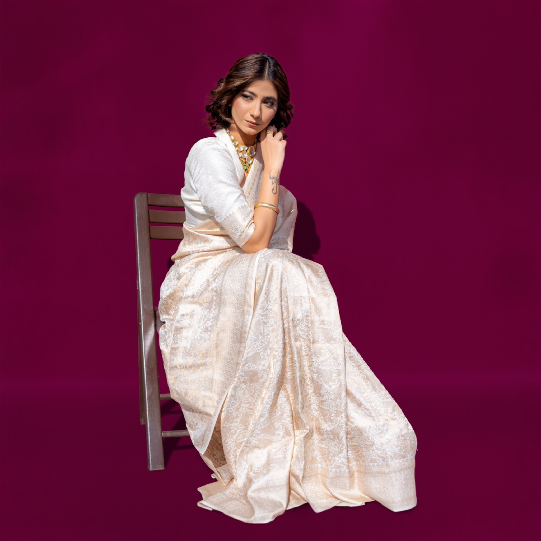 off-white handwoven Banarasi Saree - Lunarae London