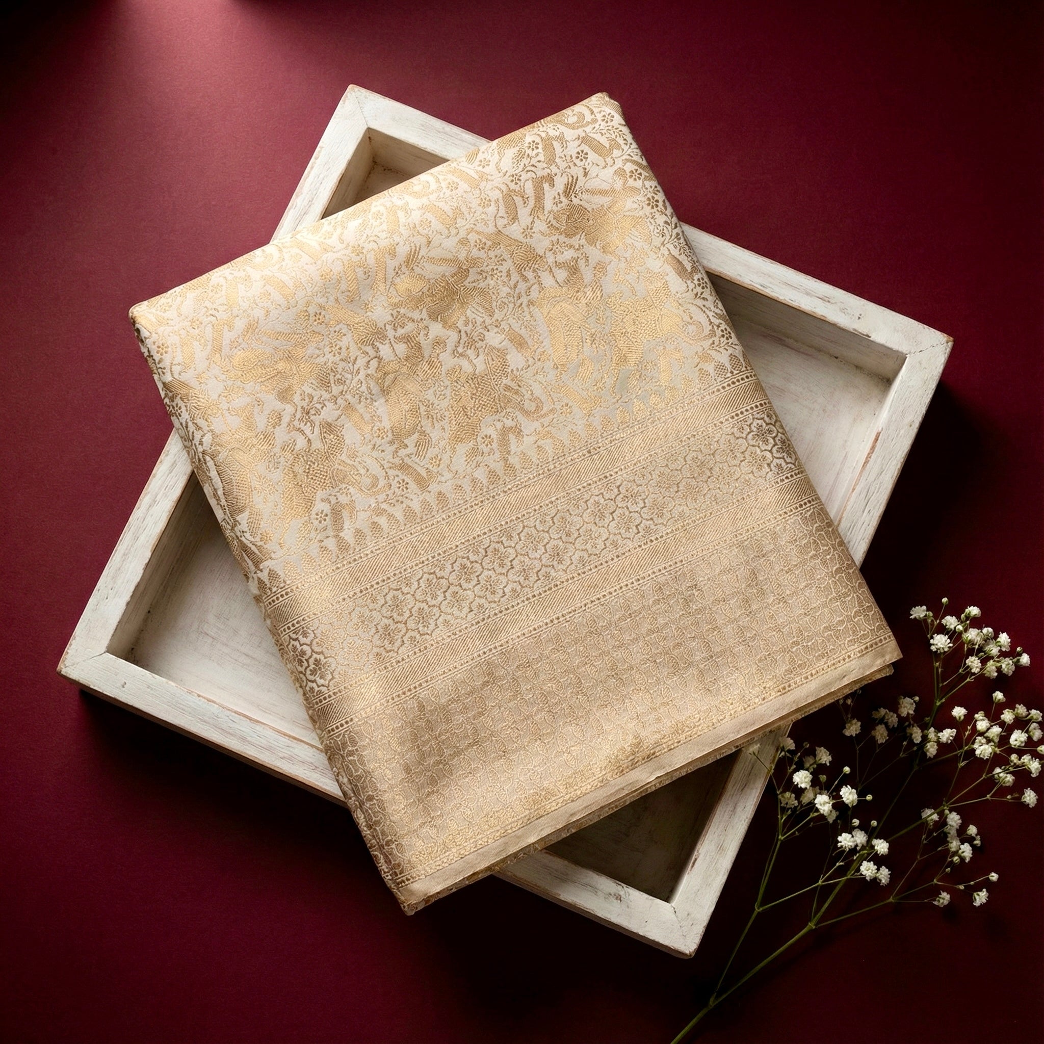 off-white handwoven Banarasi Saree - Lunarae London